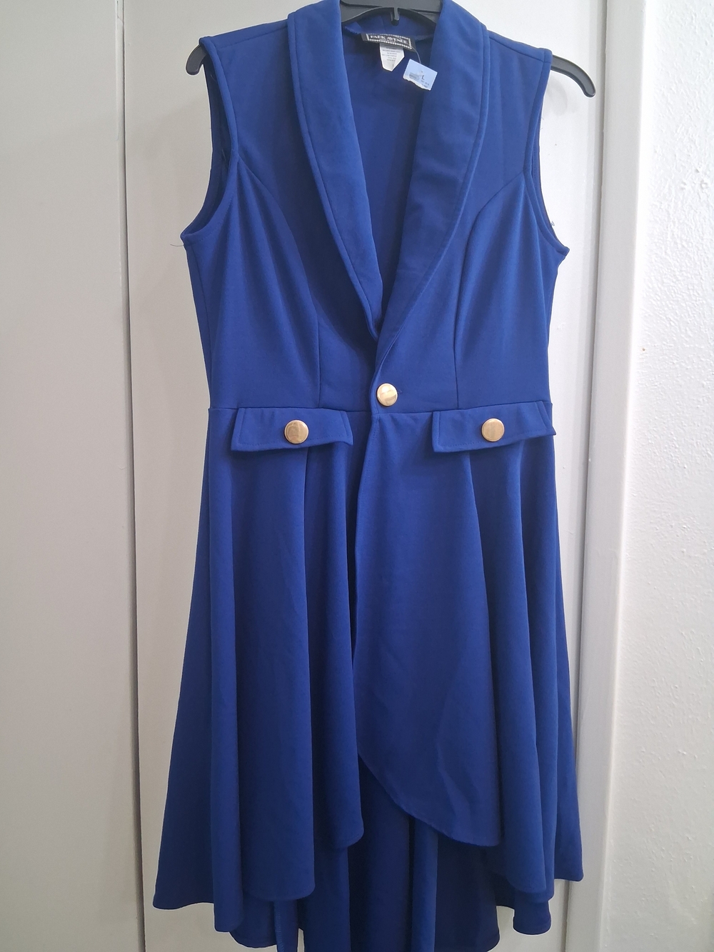 Sleeveless High-Low Blazer Dress in Royal Blue with Gold Buttons